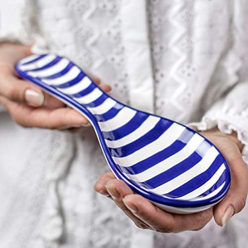 City to Cottage Spoon Rest for Stove Top, Large Ceramic Spoon Holder for Kitchen Counter, Cooking Utensil Rest for Countertop, Handcrafted Spoon Rest for Ladle, Spatula (Navy Blue Stripe Coastal)