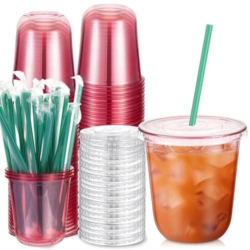 Baderke 25 Set Plastic Cups with Lids and Straws Disposable Plastic Iced Coffee Cup for Cold Beverage Juice Smoothie Crystal for Coffee Shops Party CateringPink12 oz