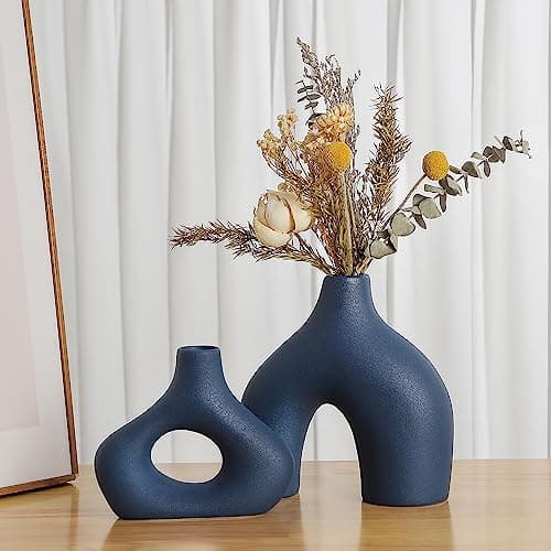 CEMABT Blue Ceramic Vase Set of 2 for Modern Minimalist Bohemian Decor,Round Matte Donut Vases for Pampas Grass-Perfect for Living Room, Dining Table, Office Bedroom Shelf Decor Entryway, Console