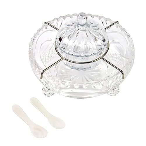 DUEBEL Glass Caviar Dish, 1 Pumpkin-Shape Glass Divided Serving Set Plus 2 pcs. x Mother of Pearl Spoon – Caviar Chiller, Shrimp Serving Dish for Kitchen, Bar, Restaurant, Catering Events