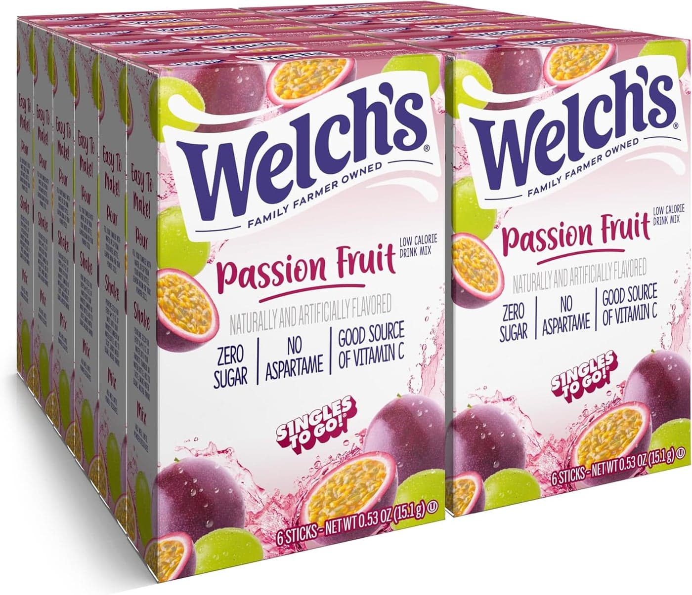 Welch's Singles To Go! Passion Fruit Powder Drink Mix - 12 Boxes with 6 Packets Each (Total 72 Servings)