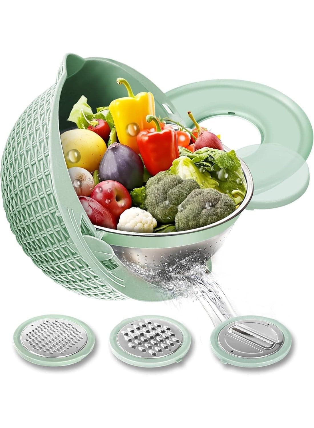 4-1 Colander with Mixing Bowl Set, Food Strainers and Colanders for Kitchen with Vegetable Slicer, Multipurpose Double Layer Rotatable Pasta Rice Strainer, Fruit and Veggie Washing Draining Basket