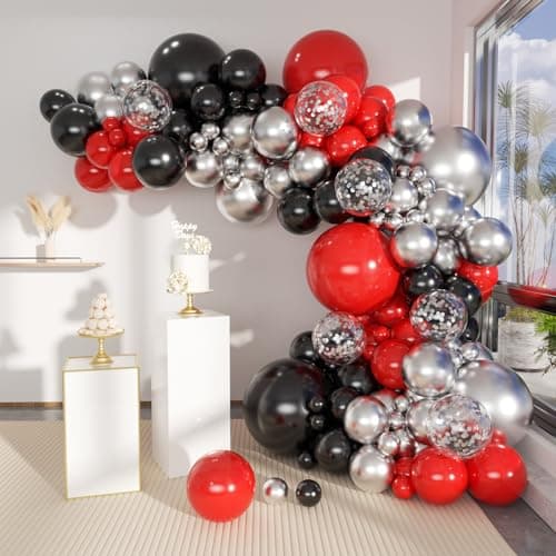 MEBAY Black Red Metallic and Confetti Silver Balloons Garland Arch Kit 147 Pcs Latex Balloon Different Sizes for Birthday Party Graduation Fathers Day Anniversary Bachelorette Party Decoration