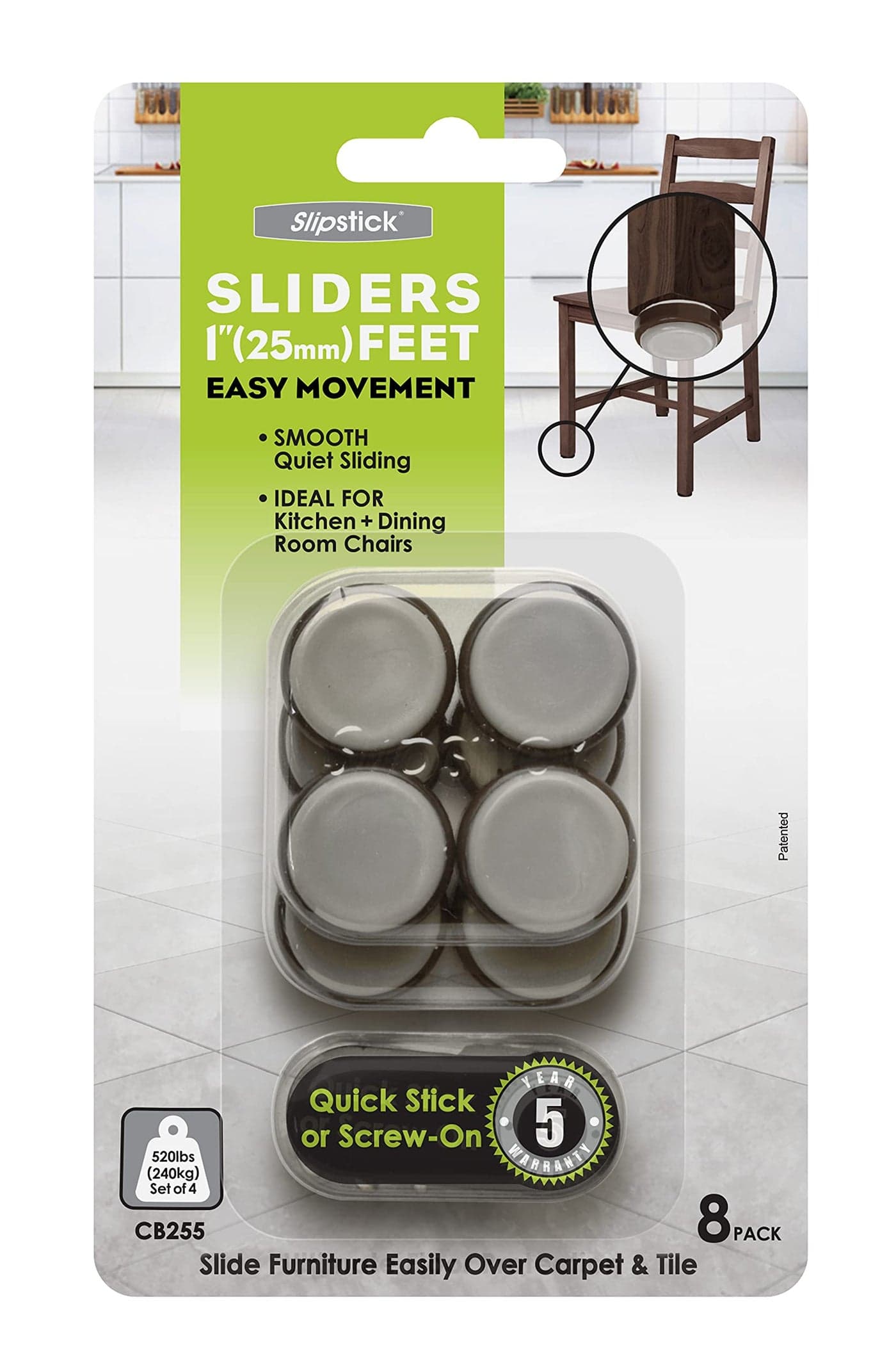 Slipstick CB255 1 Inch Floor Protector Chair GlidesFurniture Slider Feet Set of 8 Self Stick or Screw On Chocolate Brown