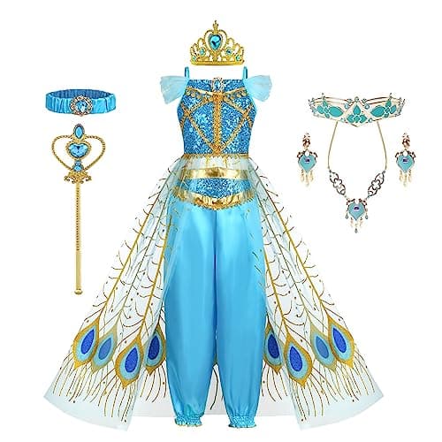 ZALOORIY Jasmine Costume for Girls Princess Dress Kids Birthday Party Jasmine Cosplay Outfit (Blue, 9-10T)