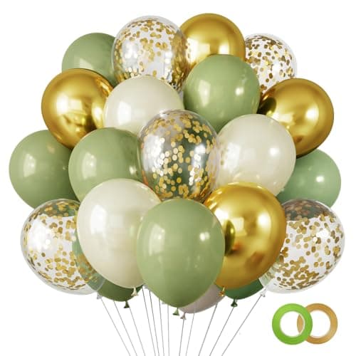RUBFAC 65 Pcs 12 Inches Sage Green Gold Confetti Balloons Kit, Green Gold Sand White Party Balloons with Ribbons for Tiana Birthday, Wedding, Baby Shower, Graduation, Eucalyptus Party Decorations