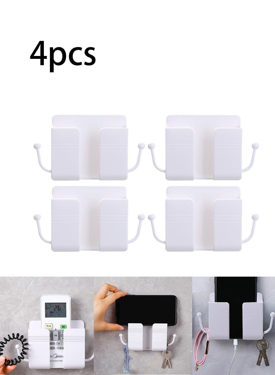 4PCS Wall Mount Mobile Phone Holder, Mobile Phone Holder with Data Cable Receiving Port, Remote Control Stand, With Hook, For Home, Office (White)