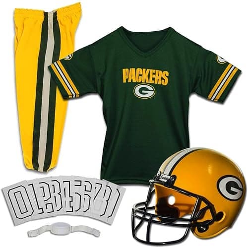 Franklin Sports Green Bay Packers Kids Football Uniform Set - NFL Youth Football Costume for Boys & Girls - Set Includes Helmet, Jersey & Pants - Small