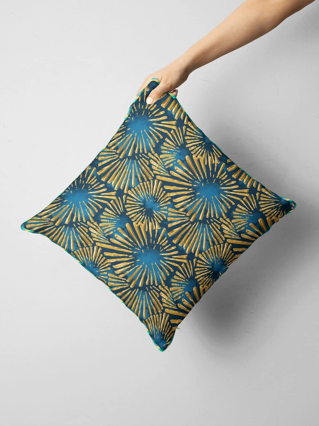 BIANCA Designer Reversible Printed Silk Linen Cushion Covers -1pc 16 X16 Size (Suzane) | with Contrast Front & Back Digital Print | - Hidden Zipper Floral-Checks-Teal/Gold