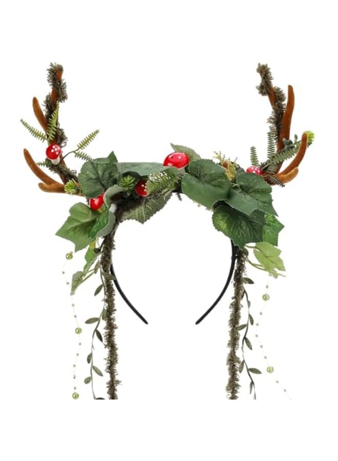 MOSTORY Woodland Mushroom Antlers Headband Forest Ivy Reindeer Headpiece for Mother Nature Costume Women Floral Deer Horns Headpiece with Vine for Renaissance Renfaire Cosplay Fairy Aesthetic