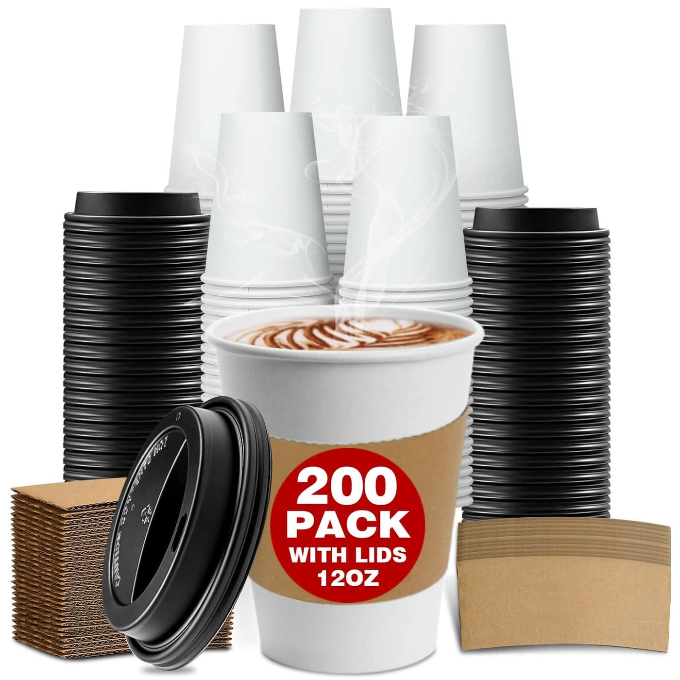 200 Set 12 oz Thickened Disposable Paper Coffee Cups with Lids and SleevesTo Go Cups for Hot Cold Beverages Tea Hot Chocolate
