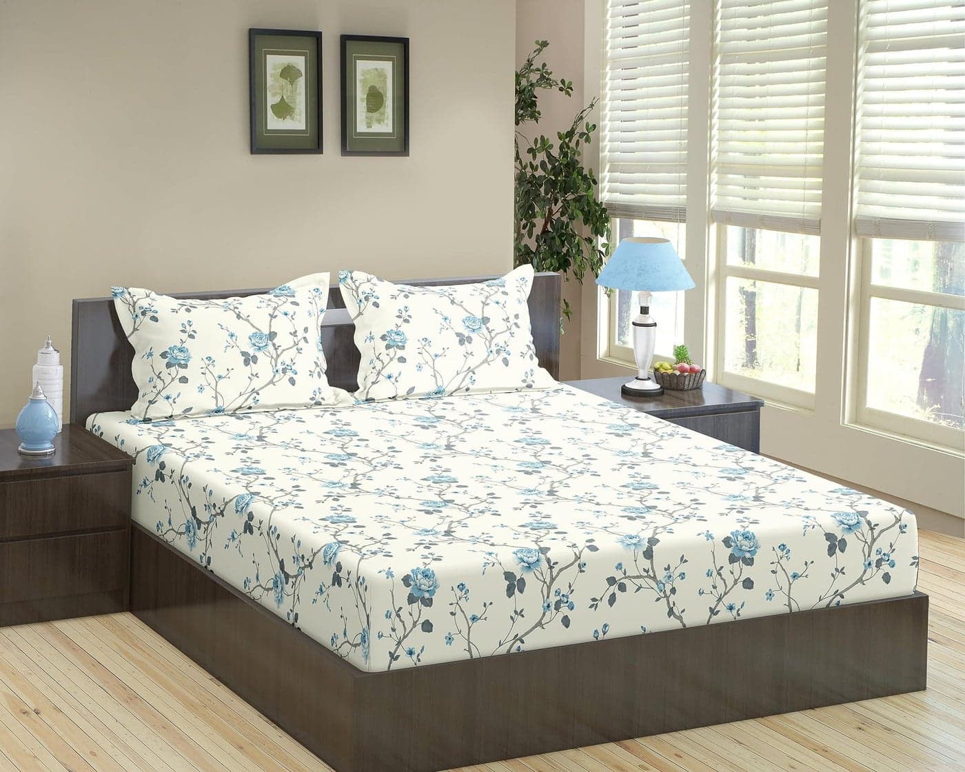 Trance Home Linen 180Tc 100% Cotton 75"X60" Double Bed Size Elastic Fitted Bedsheet | Printed Double Size Bed Elasticated Fitted Bedspread With 2 Pillow Covers (75X60 Inch, Aster Blue), 180 Tc, Queen