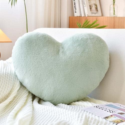XVTRU Sage Green Heart Pillows Cute Heart Decorative Pillow Heart Shaped Throw Pillows for Bed Faux Rabbit Fur Plush Hoom Decor Pillow Cushion for Chair Sofa Living Room Mini 129 x 98