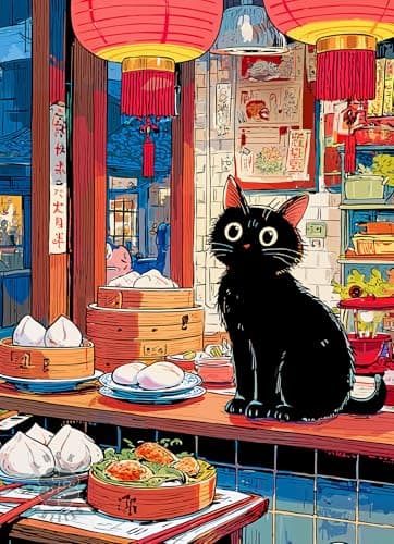 Lucky Puzzles Bao Whiskers 1000 Piece Jigsaw Puzzle for Adults Whimsical Cat and Dim Sum Artwork Unique Gift for Puzzle Lovers and Foodies
