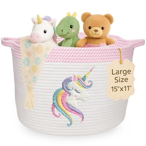 Unicorn Storage Basket for Nursery Large 15x11 Cotton Rope Bin with Soft Felt Animal Patch Toy Organizer Baby Laundry Hamper Diaper Towel Holder Foldable Washable BabySafe