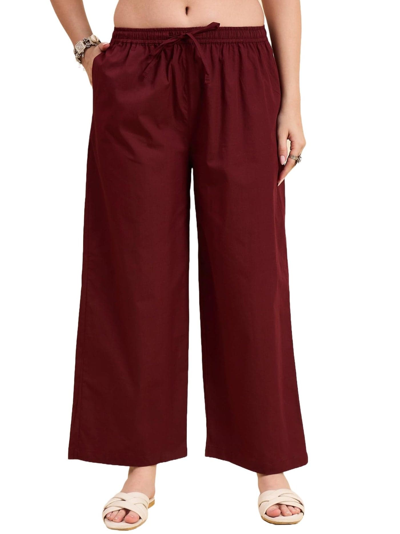 Nermosa Women's Loose Cotton Relaxed Fit Palazzo (in, Alpha, 2XL, Plus, Maroon)