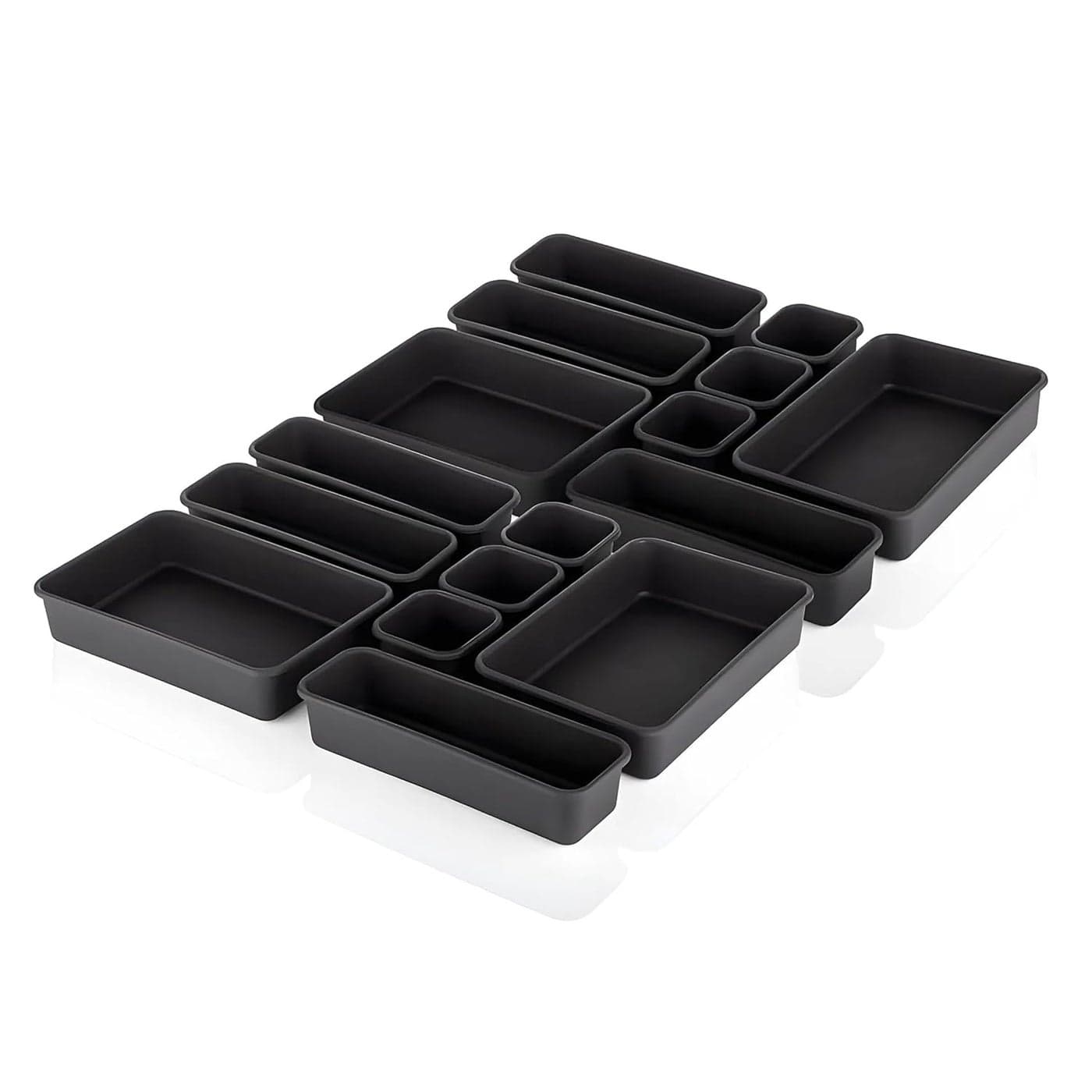 Kuber Industries 16 Pcs Set Storage Organizer Kitchen Organizer Makeup Organizer Tray Set Desk Drawer Divider Tray MultiPurpose Stationery Organizer with Interlock Black