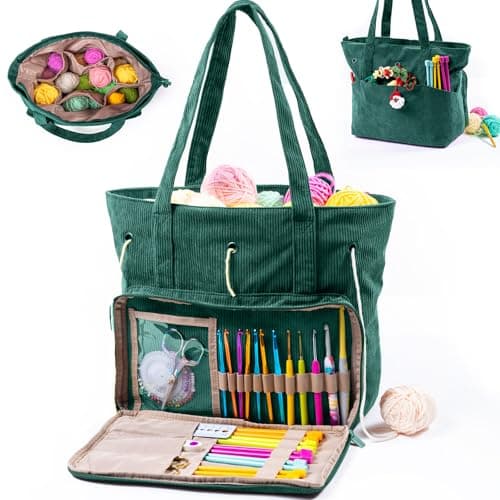 MYBAGZING Large Yarn Tote Organizer Corduroy Knitting Storage Holder for Yarn Hooks Accessories Portable Craft Carryall for Crocheting Lovers Mothers Day Gift