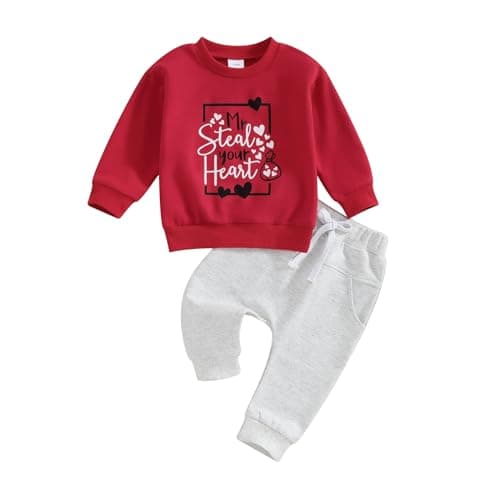 BeQeuewll Baby Boy Valentines Outfit Mr Steal Your Heart Set Long Sleeve Sweatshirt Newborn Jogger Infant Boys Clothing (Steal Heart-Red, 6-12 Months)