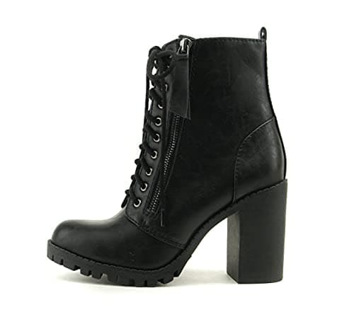 Soda Malia Round Toe Stacked Lug Heel Lace Up Ankle Booties (Black (PU), numeric_11)