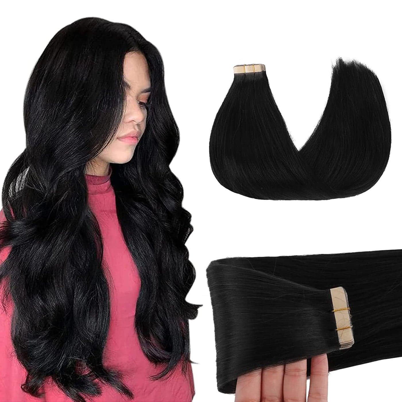 GOO GOO Tape in Hair Extensions Human Hair 1 Jet black 16inch 50g 20pcs Skin Weft Seamless Invisible Silky Straight with Thick Ends Remy Human Hair