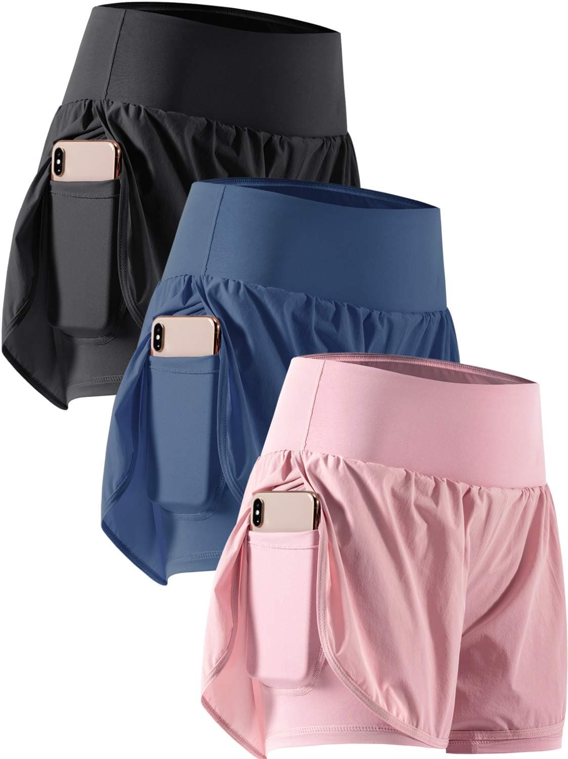 CADMUS 2 in 1 Womens Workout Shorts Athletic Gym Running Shorts for Women Phone PocketsBlack Navy Blue Pink Large