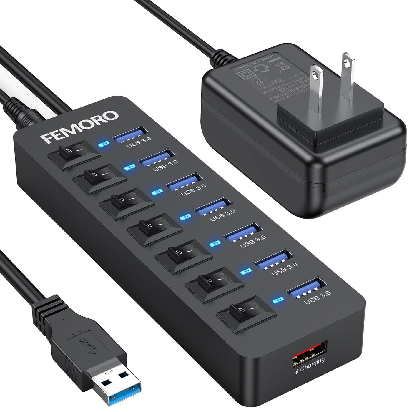 Powered USB Hub 3.0, 5Gbps Data Transfer 7 Ports and 12W Charging-only 1 Port with 5V/3A Power Adapter 4Ft Long Cable & Individual LED Switches for Laptop PC Flash Drive SSD HDD Keyboard Mouse...