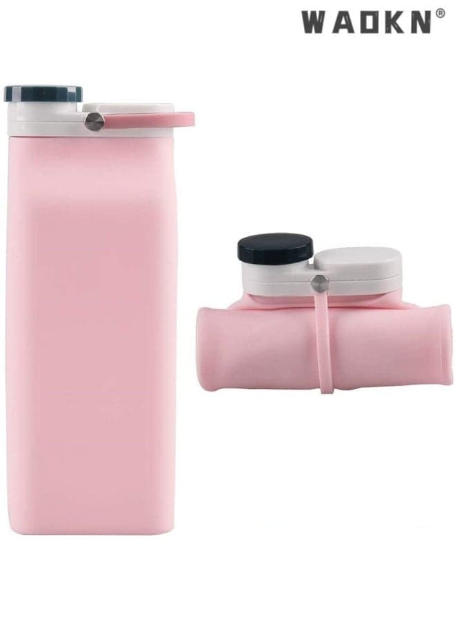 Collapsible Water Bottle BPA Free , 600ml , Foldable Water Bottle for Travel Sports Bottles with Triple Leak Proof Lightweight , High temperature resistant large capacity travel cup , easy to clean , (Pink) .