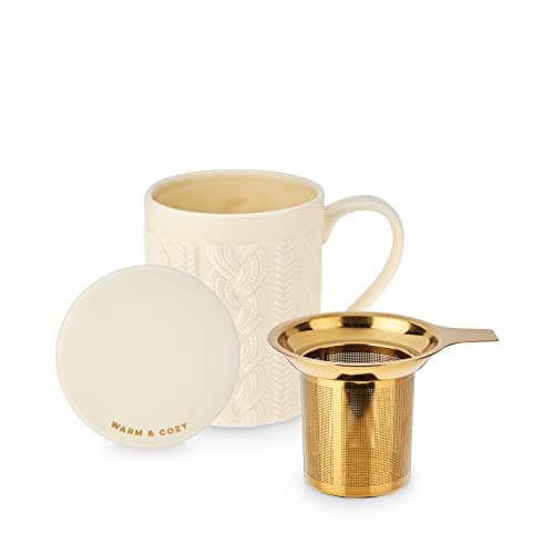 Pinky Up Annette Loose Leaf Tea Cup, Ceramic Travel Mug with Infuser and Lid, for Work, Office, Picnic, Camping, Outdoor Party, Spa Day, 12 oz, Set of 1, Knit Design