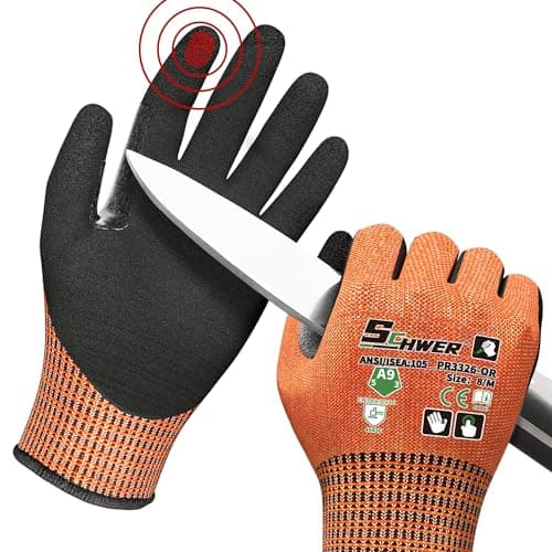 Schwer ProGuard High Level Cut Resistant Work Gloves PR3326 for Extreme Protection, ANSI A9 Cut Gloves with Reinforced Thumb, Non Slip, Breathable, Durable, Touch-screen, Orange 1 Pair(M)