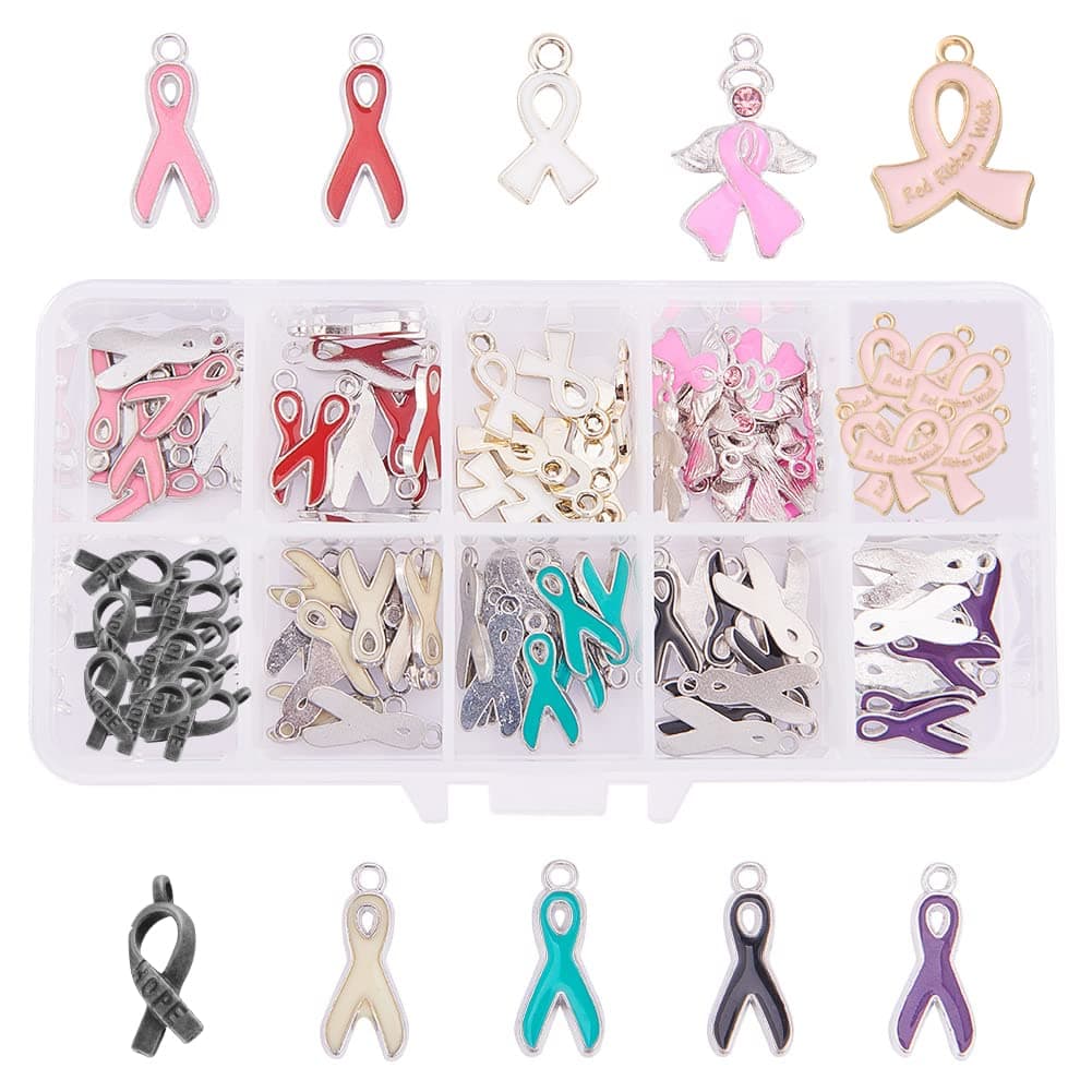 PH PandaHall Ribbon Pendants 60 Pcs 10 Styles Colorful Alloy Ribbon Pendants Enamel Awareness Dangle Charms Beads for Earring Bracelet Necklace Jewelry Making