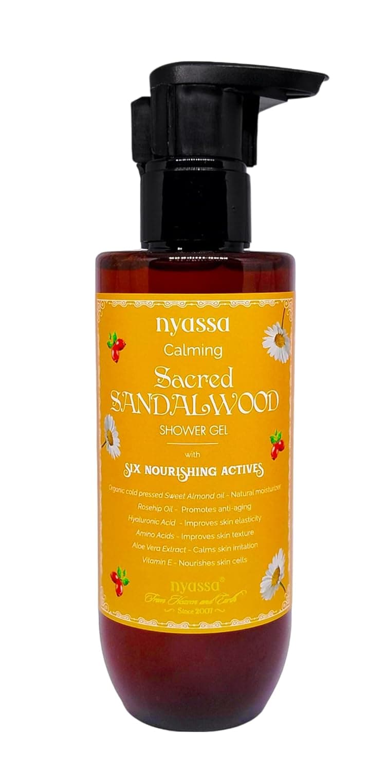 Nyassa Calming Sacred Sandalwood Shower Gel With 6 Nourishing Actives 210ml Natural Woody fragrance Body Wash 100 Vegan and No Paraben Sulphate Cruelty Free Premium Long Lasting Fragrance 210 ml