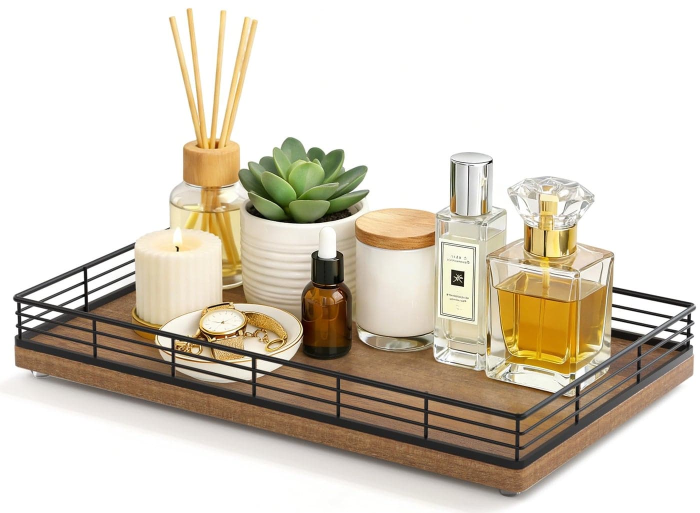 Large Bathroom Vanity Tray – 13" x 8" Oak Decorative Wooden Tray for Bathroom Countertop & Vanity Organizer, Rectangular Wood Tray for Perfume, Skincare, Storage, Vanity Dresser Counter Decor, Gold