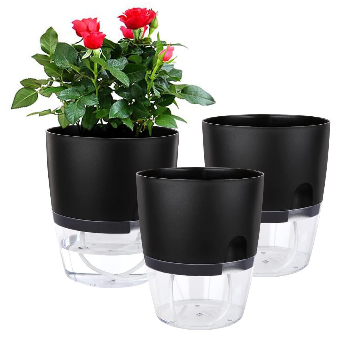 Vanavazon 6 Inch Self Watering Planter Pots for Indoor Plants 3 Pack African Violet Pots with Wick RopeBlack