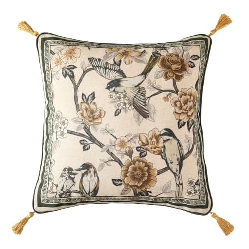 ISAENNE Design Linen Chinoiserie Square Throw Pillow Covers 18"x18", Farmhouse Cushion Covers with Yellow Floral Birds Pattern Decoration Pillowcases for Bed,Living Room,Outdoor,Car