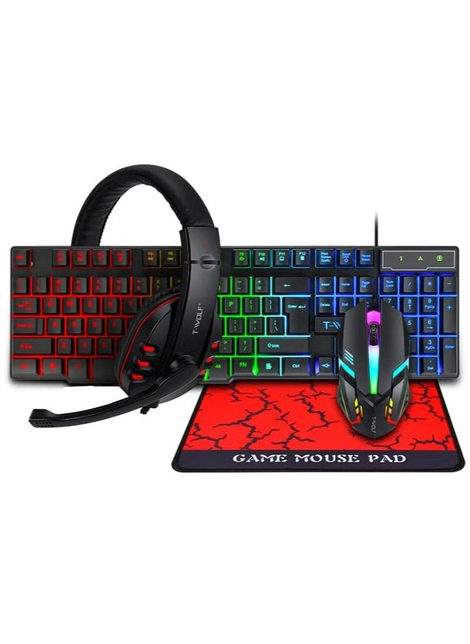 Wired Gaming Keyboard and Mouse Headset Combo,Rainbow LED Backlit Wired Keyboard,Over Ear Headphone with Mic,Rainbow Backlit Gaming Mice,Mouse Pad,for PC,Laptop,Mac,PS4,Xbox(Black)