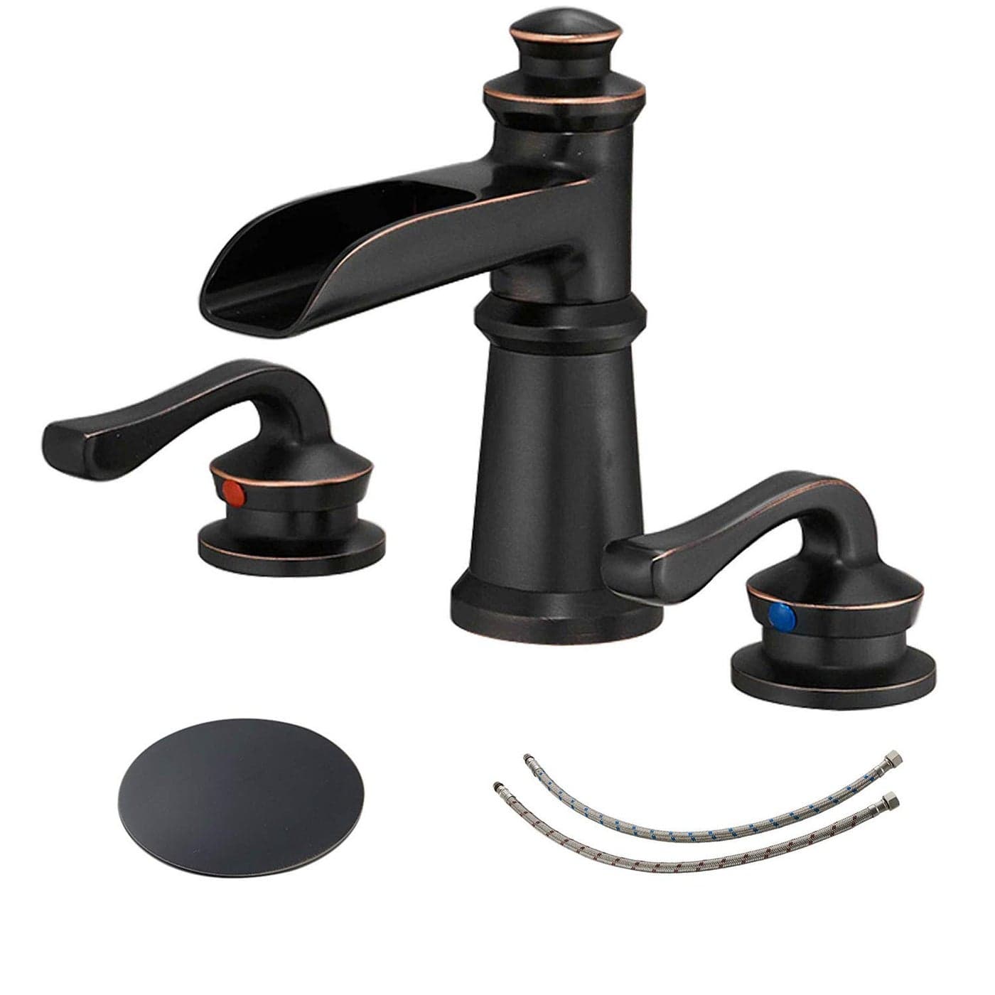 BWE Waterfall Widespread Bathroom Faucet 3 Hole Sink Farmhouse with Oil Rubbed Bronze Bath Bathtub Faucets Pop Up Drain Stopper Assembly and Supply Line 816 Inch 2 Handle Vanity Lavatory
