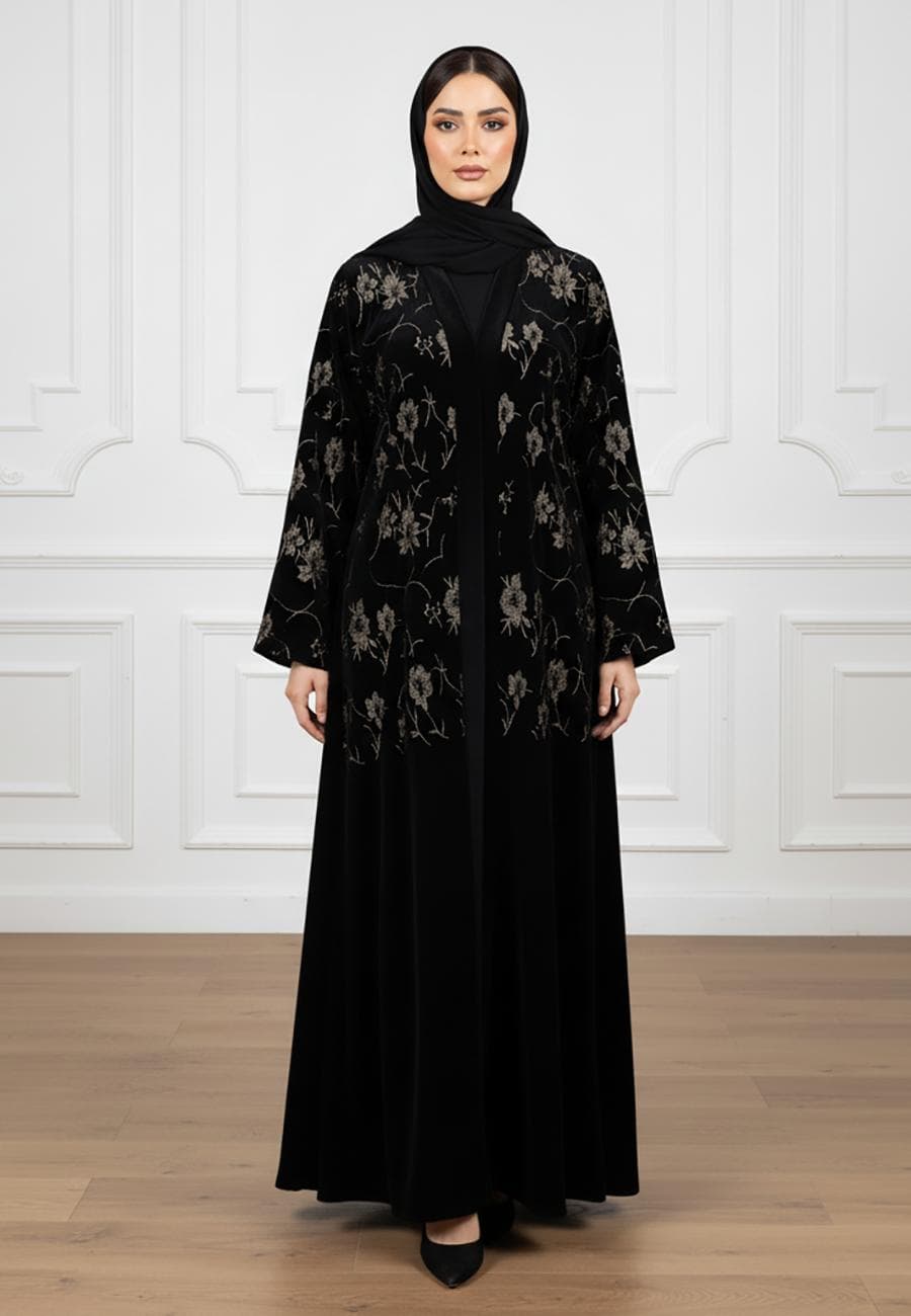 Midnight Velvet Floral Embroidered Abaya – Timeless Elegance-828