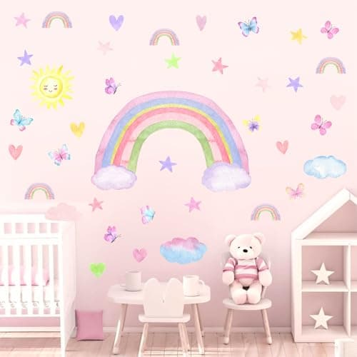 Colorful Rainbow Wall Decals Watercolor Rainbow Sun Cloud Wall Decals Star Heart Butterfly Wall Stickers Cute Rainbow Wall Stickers for Girls Room Bedroom Nursery Decor