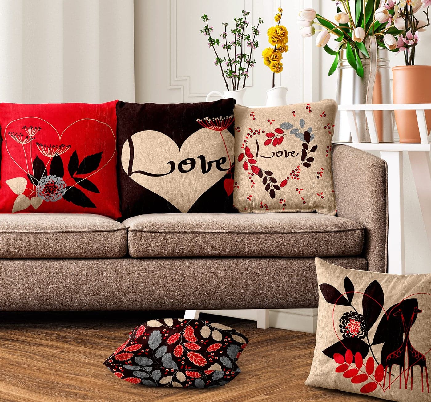 Ultimate Trends Polyester Digital Modern Printed Cushion Cover 18x18 Set of 5, Red Beige (UTCC-1026_ 18)