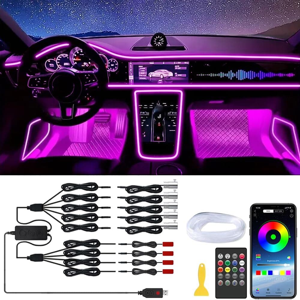 Car LED Interior Strip Lights RGB Car Interior LED Light Wireless APP and Remote Control 9 in 1 Ambient Lighting Kit with 236 Inches Fiber Optic EL Wire Lights for Car Inside