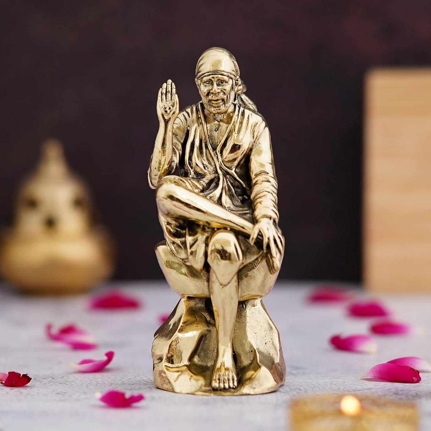 Shyam Antique Creation 3 Inch Saibaba Figurine Brass Sai Baba Idol Shirdi Lord Sai Baba Sitting Murti Statue for Pooja Room Gift Living Room Decoration Office Home Car Decor