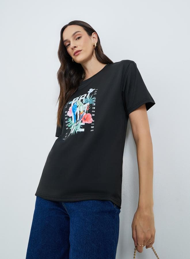 Black Tropical Print Short Sleeve T-Shirt