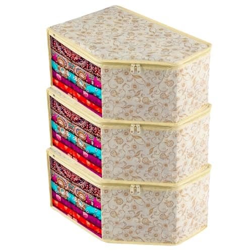 Kuber Industries Blouse Cover | Zipper Clothes Storage Bag | Non-Woven Wardrobe Organiser | Side Transparent Blouse Organizer | Leaf-Design | Pack of 3 | Cream
