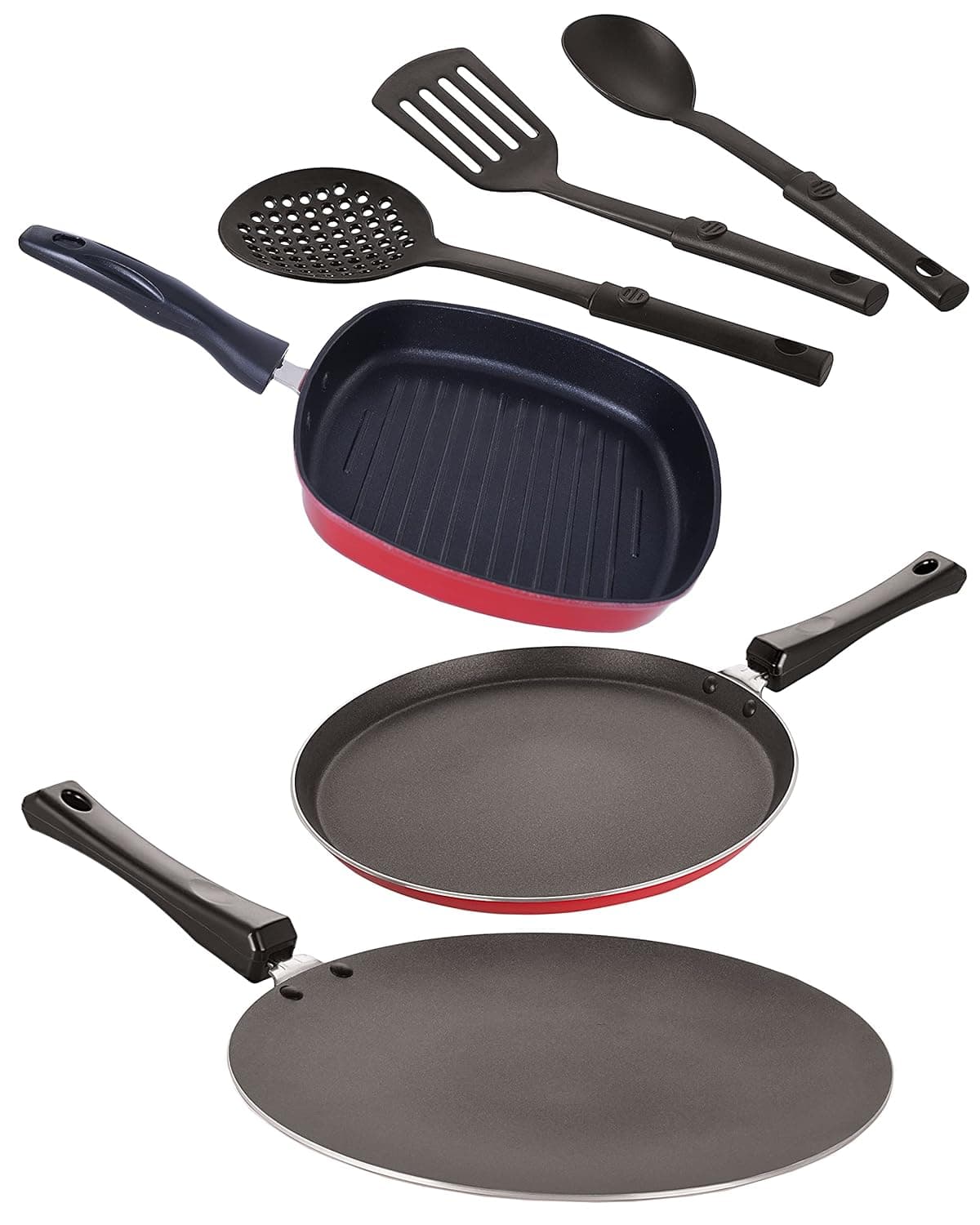 Nirlon Aluminium Nonstick Coated 6 Pcs Set of Concave Tawa285cmGrill Pan245cmFlat Tawa27cm 3 Spoon 26mm_CT12_GP24_FT12_3SPN