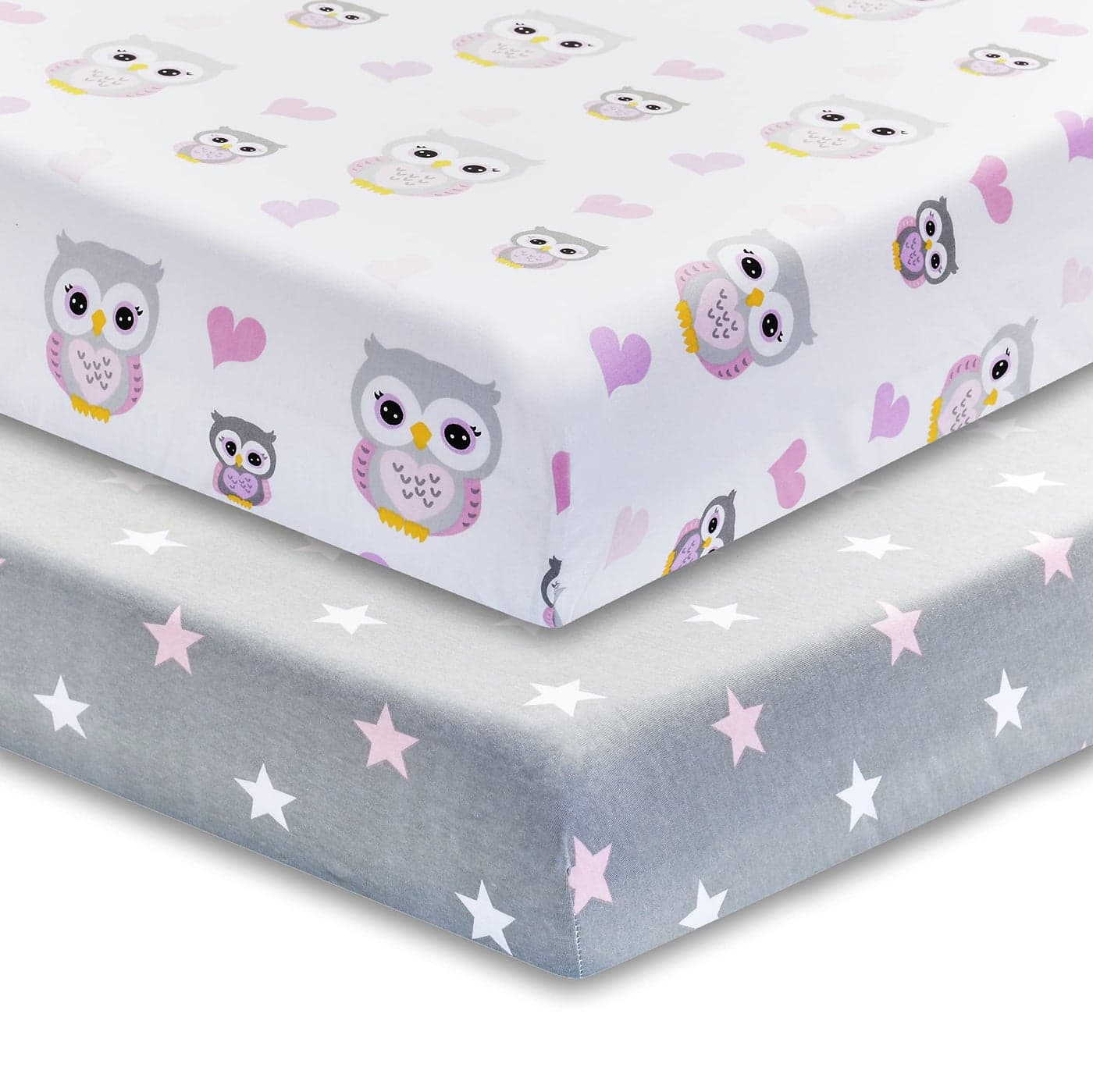2 Pack Fitted Crib Sheets for Girls in 100 Jersey Knit Cotton Girls Crib Mattress Sheets with a Nature Theme of Owls with Purple and Pink Hearts and a Gray Sheet with Pink Hearts by Everyday Kids