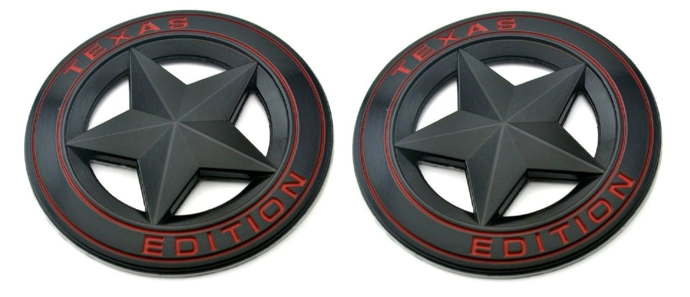 Muzzys Set of Two Texas Edition Star Black and Red Round 3 Shield Emblem Universal StickOn FITS Tundra Tacoma F150 Silverado Titan Hood Door Tailgate Grille Fender
