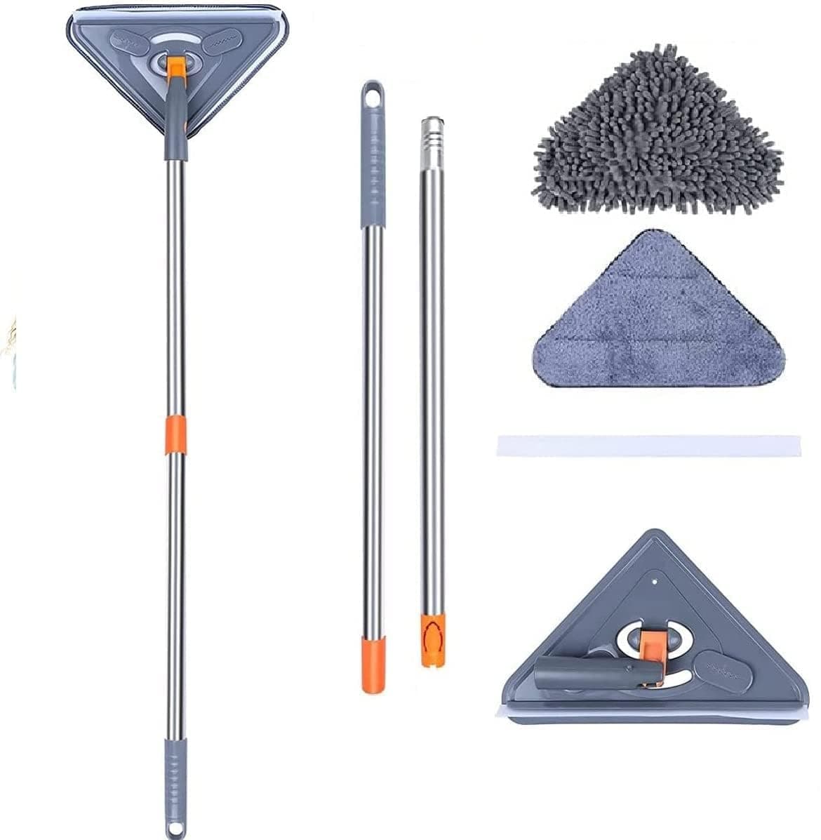 KRLZ Rotatable Triangle Mop with Long Handle Microfiber Flat Floor Mop Rotatable Cleaning Brush Glass Wiper Window Cleaner Floor Cleaning Car Glass Cleaning Scraper Dust Mop Stainless Steel