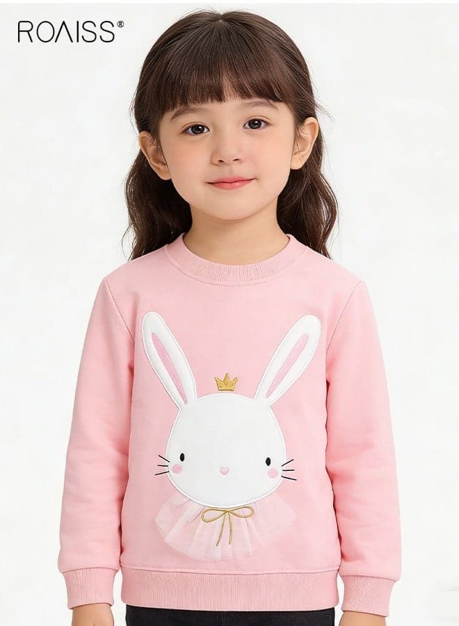 Toddler Girls Stylish Sweatshirt, Round Neck Long Sleeve Pullover with Rabbit Pattern, Adorable Comfortable T shirt for Girls, Suitable for Daily Wear or Any Occasion