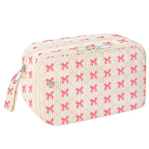 WOBAGMEN Cute Pencil Case for Girls,Large Corduroy Zippered Pencil Case Pouch, aesthetic Pencil Bag with Compartments, Soft Pencil Pouch School Supplies for Teen Girls Boys and Women(pink bow)